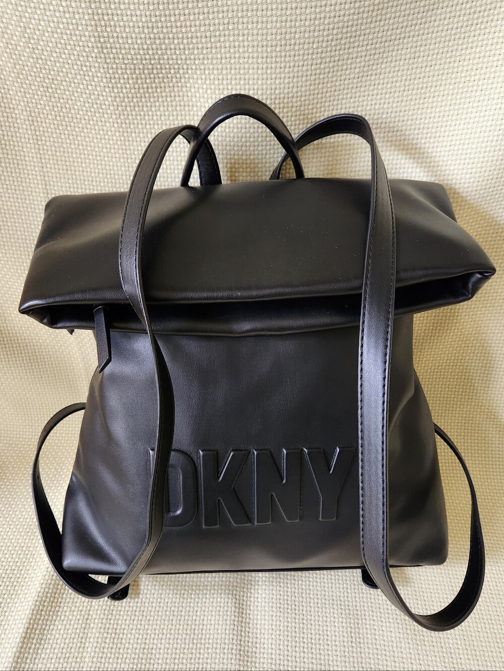 DKNY Tilly Foldover Backpack Black Faux Leather Debossed Logo Medium EUC - Picture 5 of 16
